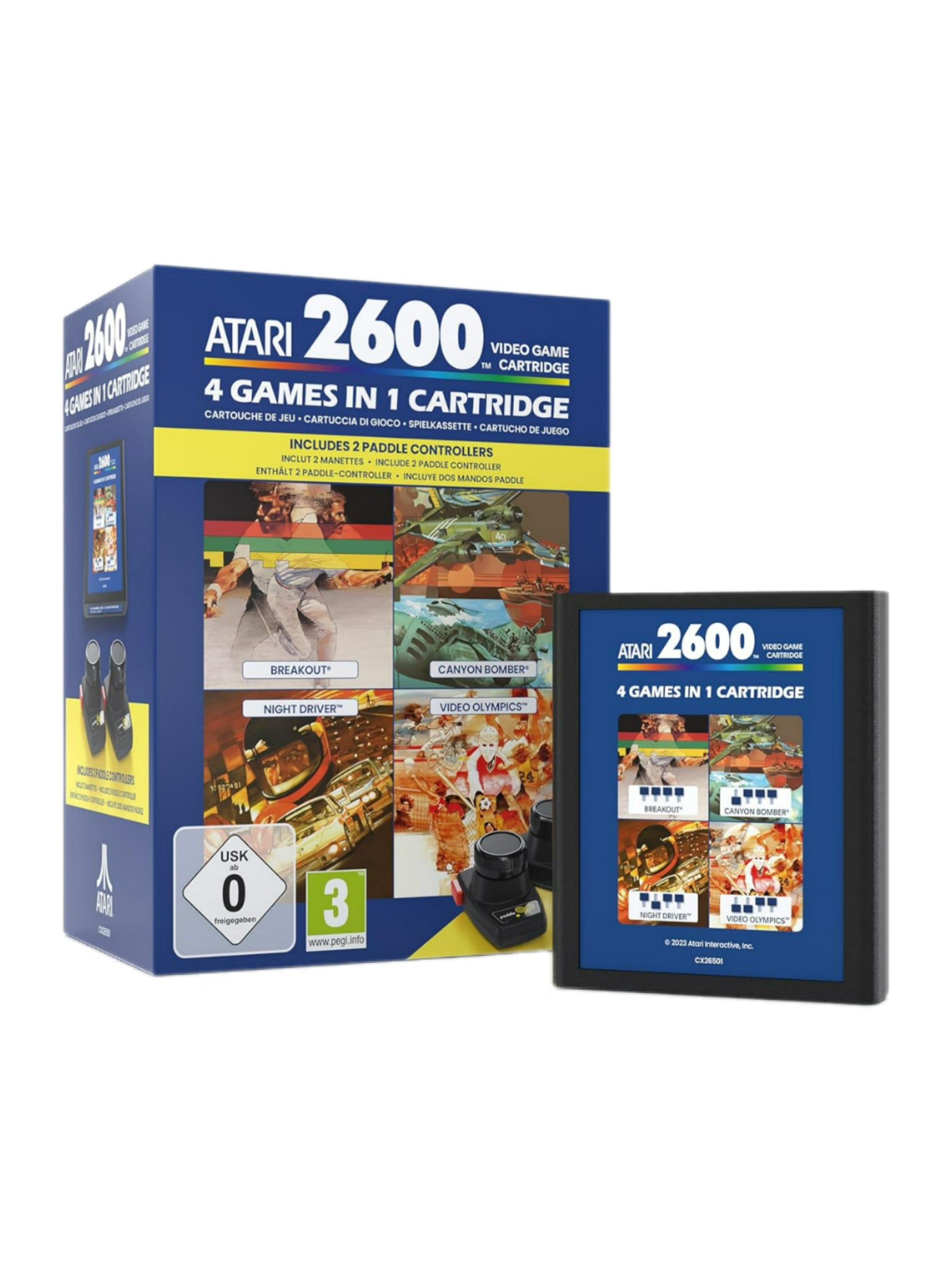4 in 1 Game Cartridge and Paddle Pack für Atari 2600+ – Retro-Spieleset mit Breakout, Canyon Bomber, Night Driver, Video Olympics und zwei Paddle Controllern