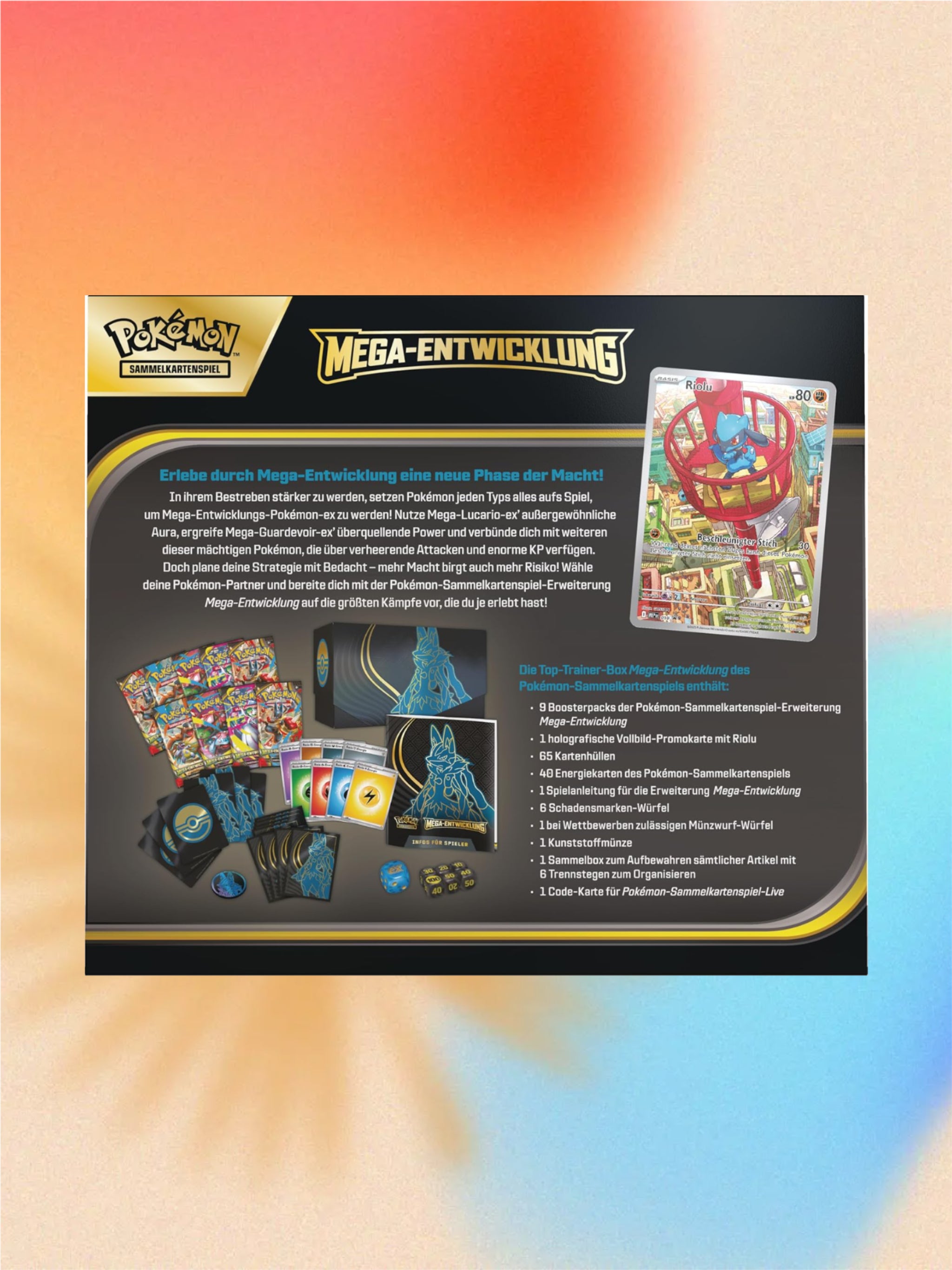 Pokémon: Top-Trainer-Box Mega-Entwicklung: Lucario (1 Vollbild-Promokarte, 9 Boosterpacks & Zubehör)