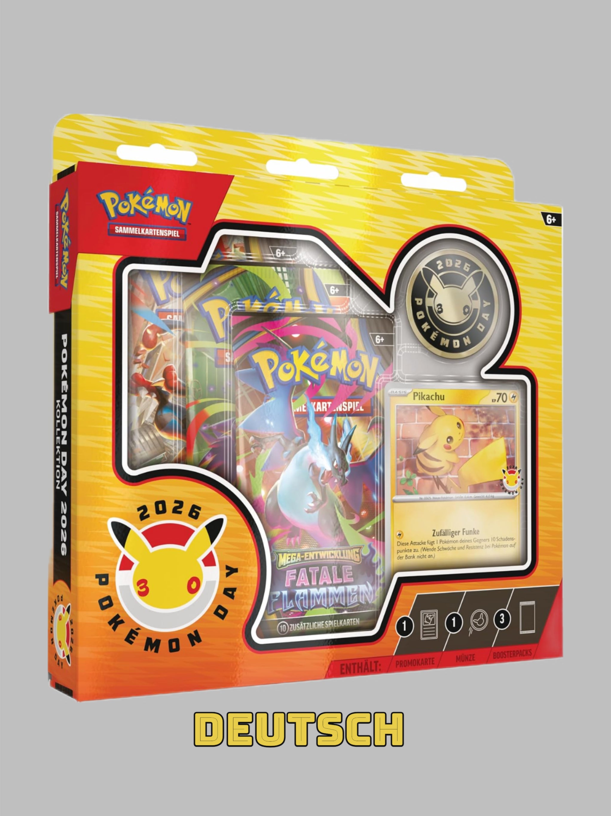 Pokémon-Sammelkartenspiel: Kollektion Pokémon Day 2026 (1 holografische Promokarte, 1 Münze und 3 Boosterpacks)