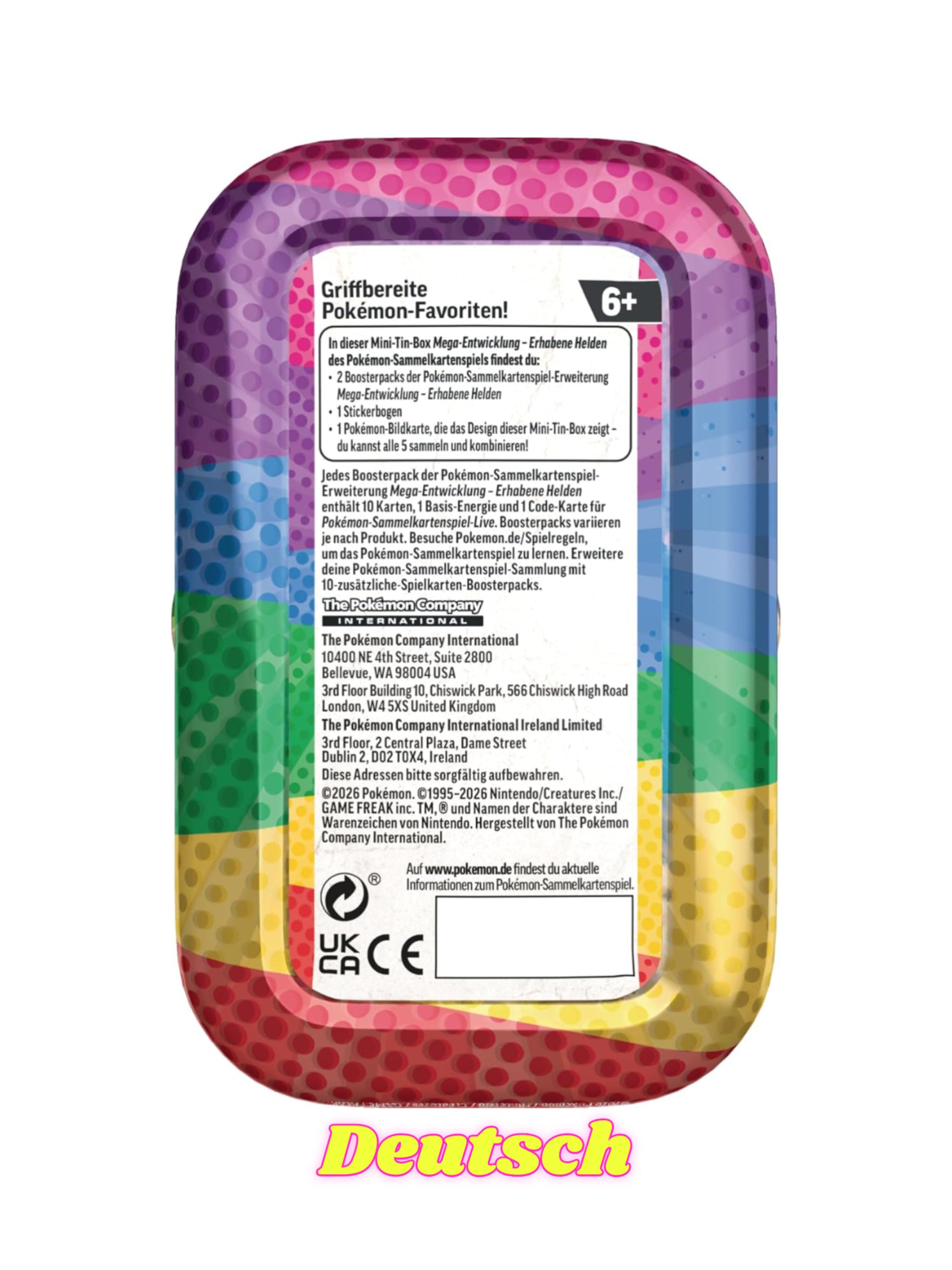 Mini-Tin-Box Mega-Entwicklung – Erhabene Helden: (1 Stickerbogen, 1 Pokémon-Bildkarte und 2 Boosterpacks)