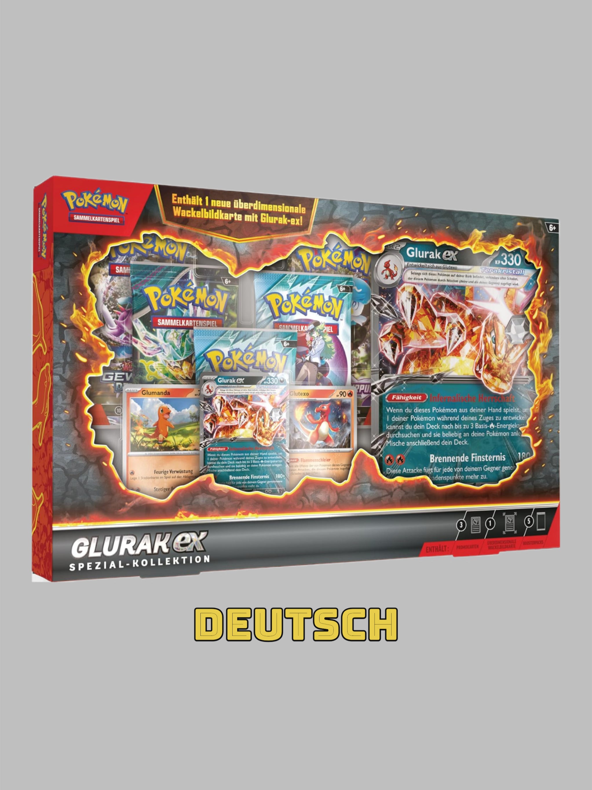 Pokémon: Spezial-Kollektion Glurak-ex (1 holografische Promokarte, 2 holografische Karten, 1 überdimensionale Wackelbildkarte & 5 Boosterpacks)