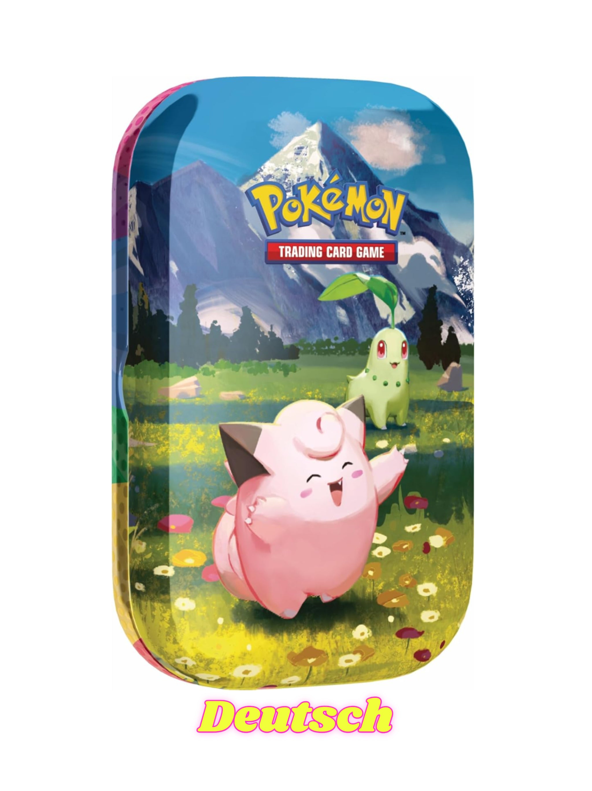 Mini-Tin-Box Mega-Entwicklung – Erhabene Helden: Piepi und Endivie (1 Stickerbogen, 1 Pokémon-Bildkarte und 2 Boosterpacks)