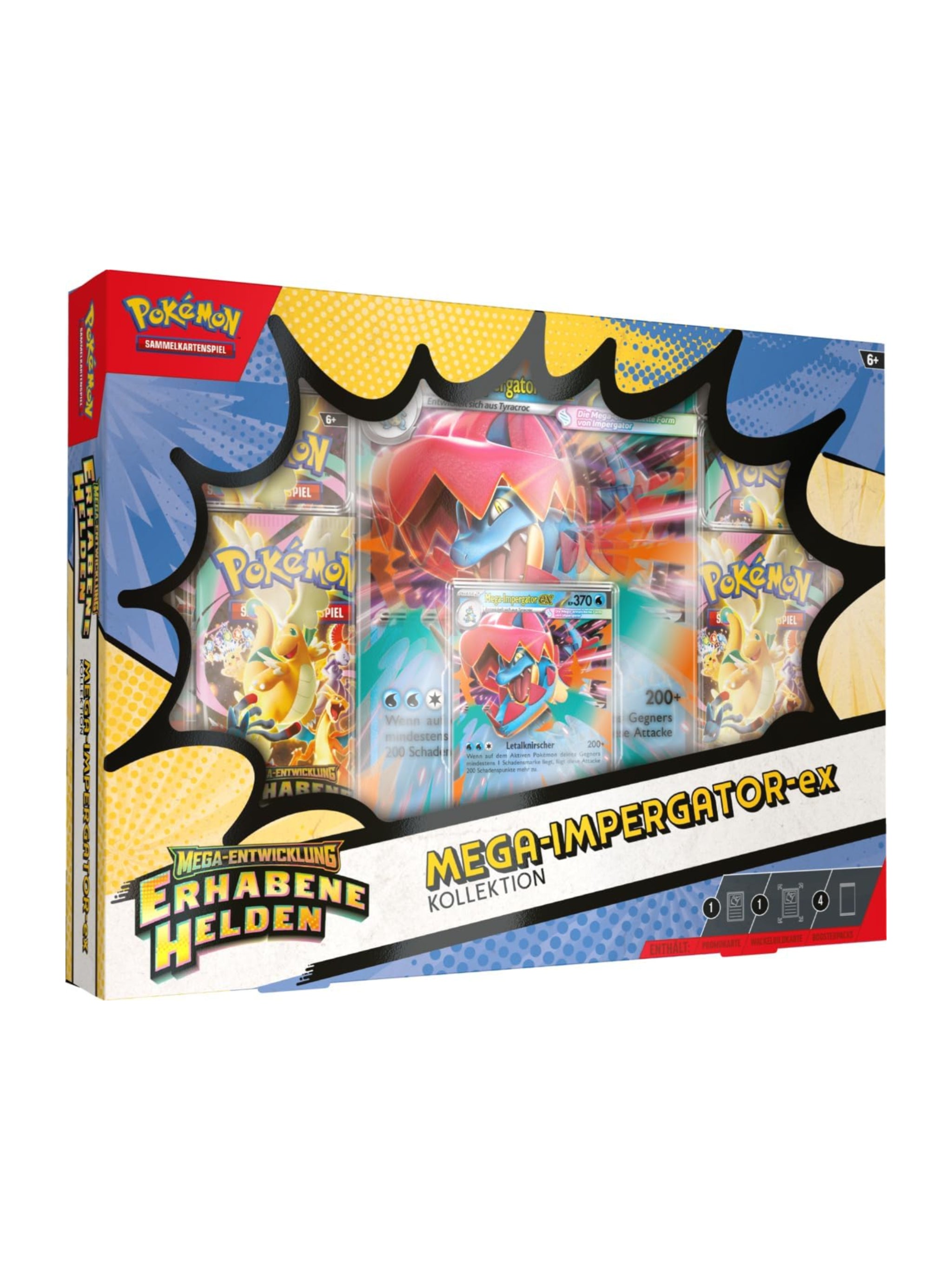 Pokémon-Sammelkartenspiel: Kollektion Mega-Entwicklung – Erhabene Helden: Mega-Impergator-ex (1 holografische Promokarte, 1 überdimensionale Wackelbildkarte und 4 Boosterpacks)