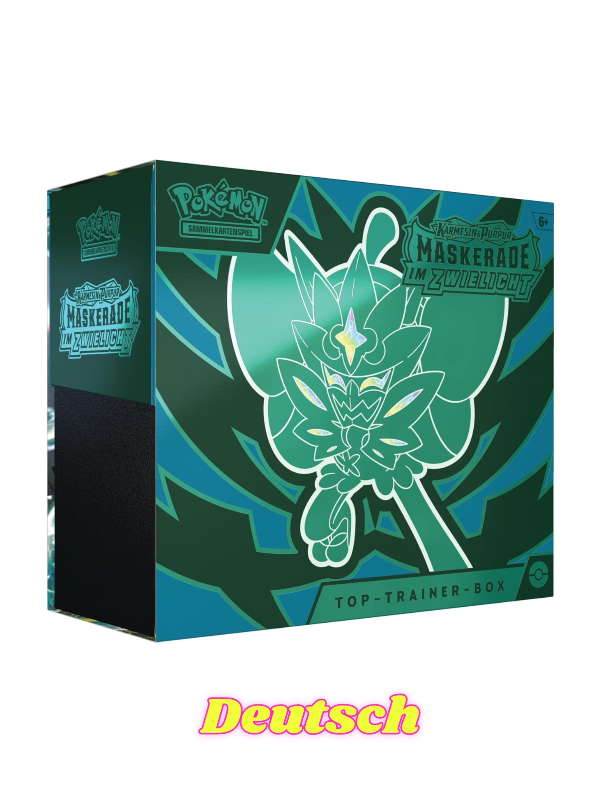 Pokémon-Sammelkartenspiel: Top-Trainer-Box Karmesin & Purpur – Maskerade im Zwielicht (1 Vollbild-Promokarte mit Türkisgrüne-Maske-Ogerpon, 9 Boosterpacks & Premium-Zubehör)