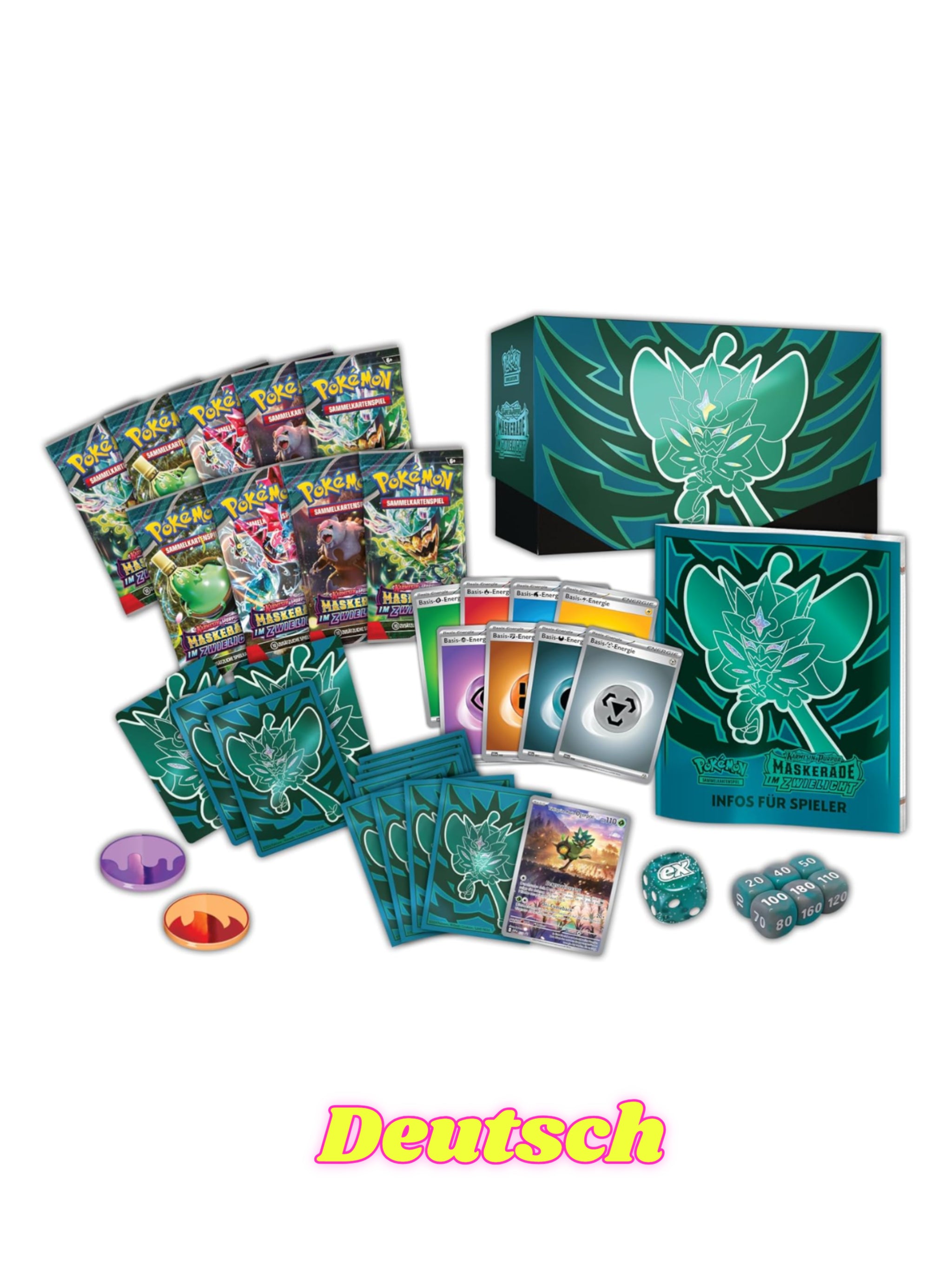 Pokémon-Sammelkartenspiel: Top-Trainer-Box Karmesin & Purpur – Maskerade im Zwielicht (1 Vollbild-Promokarte mit Türkisgrüne-Maske-Ogerpon, 9 Boosterpacks & Premium-Zubehör)