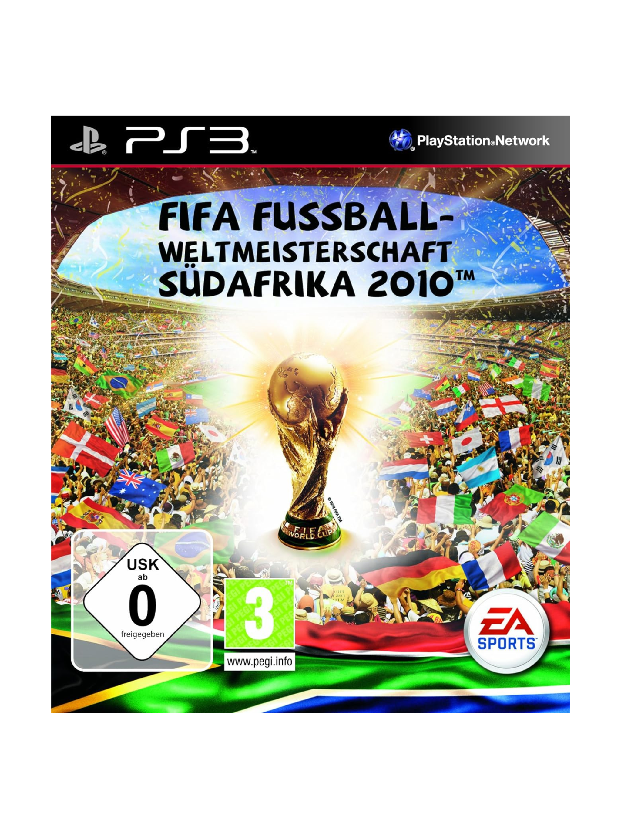 „FIFA Fussball-Weltmeisterschaft 2010 Südafrika für PS3 zeigt offizielle WM-Spiele mit Nationalteams, authentischen Stadien in Südafrika, Turniermodus und realistischer Fußball-Atmosphäre.“