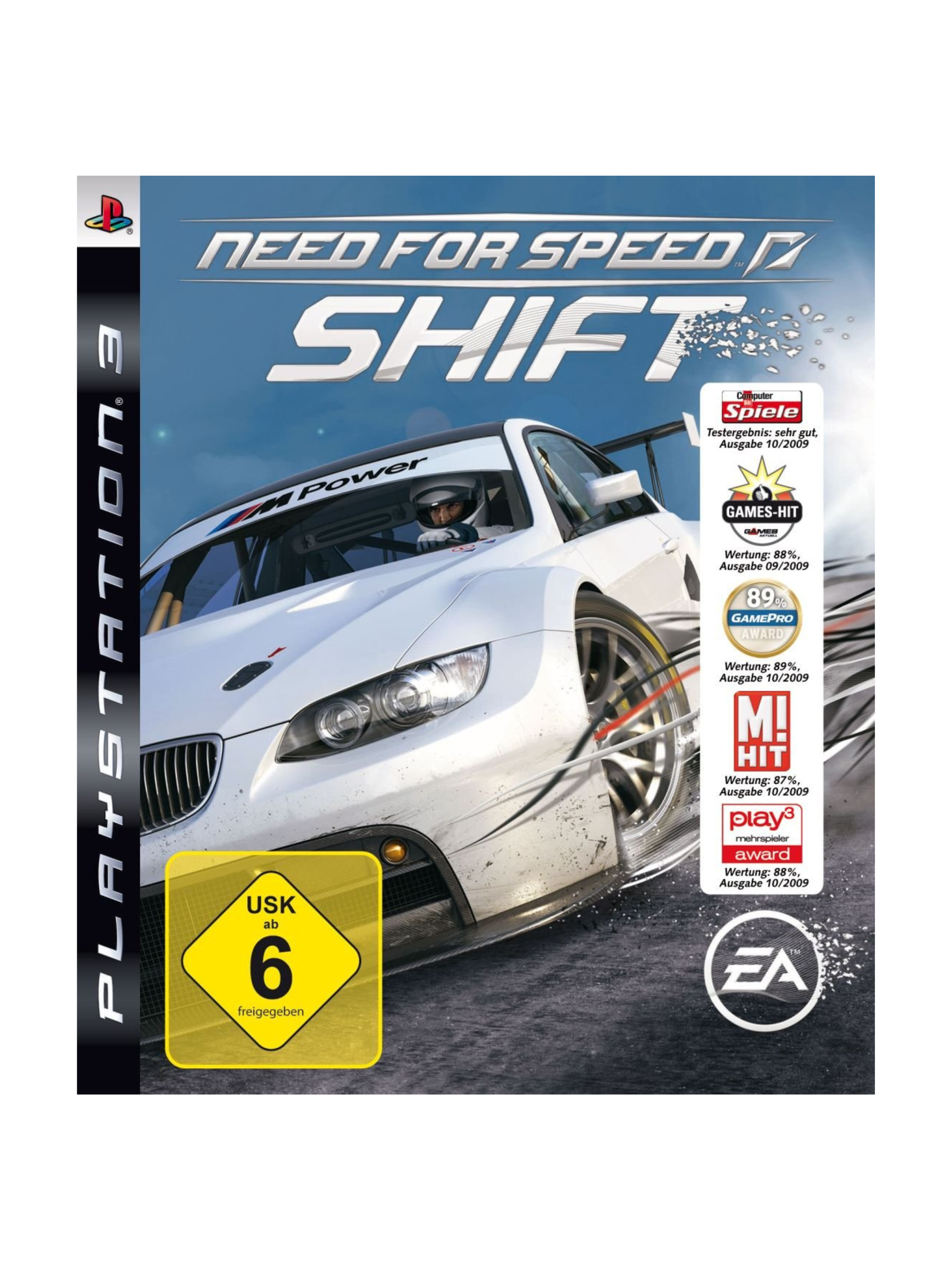 „Need for Speed: Shift für PS3 zeigt eine realistische Rennsimulation mit detaillierten Fahrzeugen, Cockpit-Perspektive, Rennstrecken weltweit und dynamischem Racing-Gameplay.“
