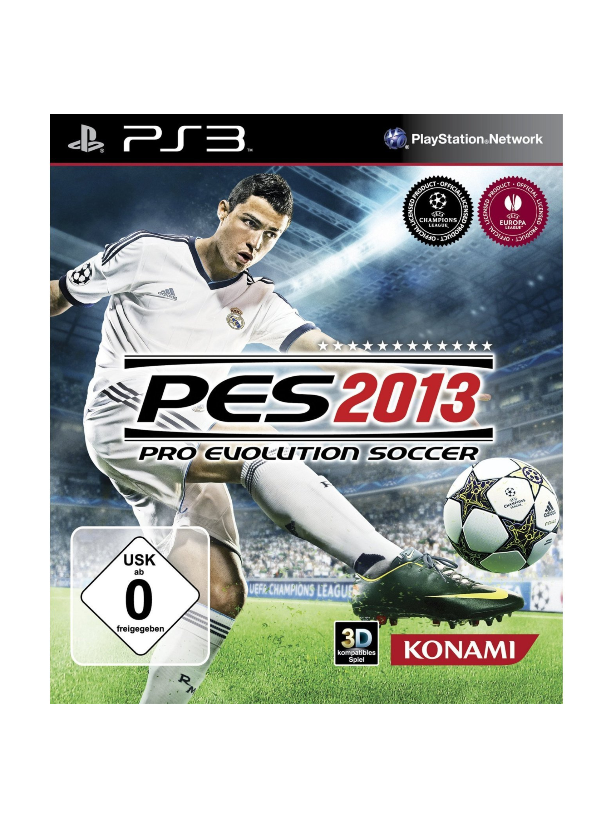 „PES 2013 PS3, Pro Evolution Soccer 2013 PlayStation 3 Fußballspiel mit realistischer Grafik, Stadion und intensiven Spielszenen.“