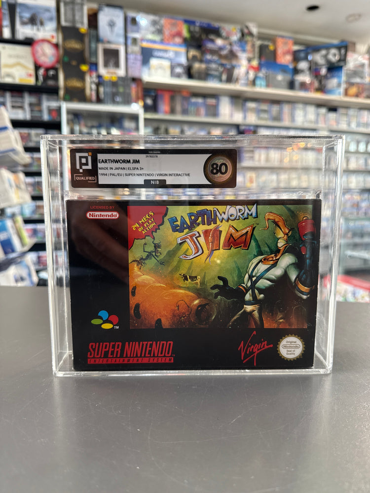 Alt-Text:Earthworm Jim SNES neu in OVP Pixel Grading 80 NIB Sammlerstück