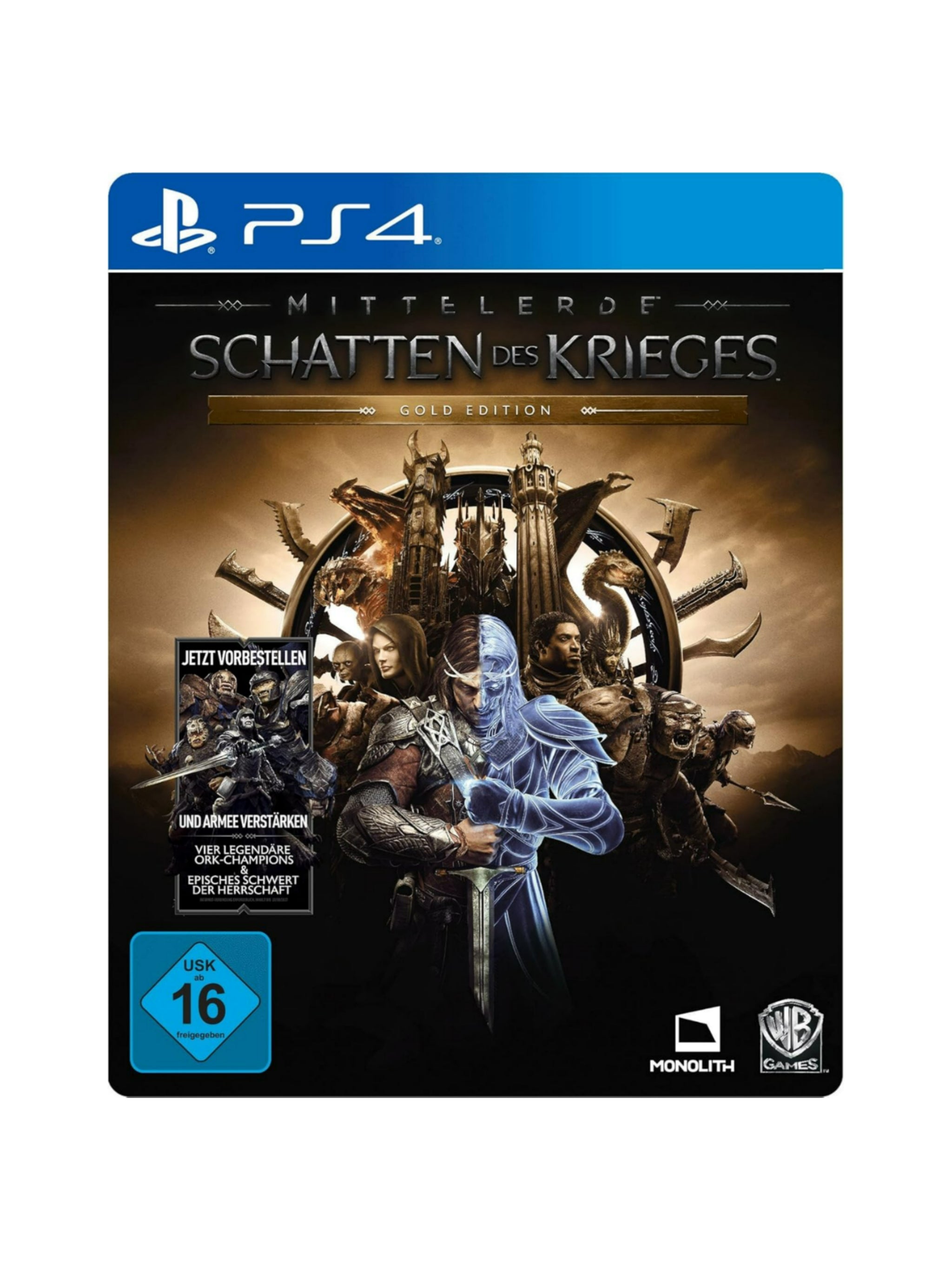 Mittelerde Schatten des Krieges Gold Edition für PlayStation 4 PS4 mit Originalverpackung und Spiel-Blu-ray in gebrauchtem Zustand.