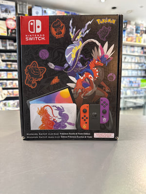 Nintendo Switch OLED Pokémon Karmesin & Purpur Edition Konsole mit farbigem Spezialdesign im Pokémon-Stil.