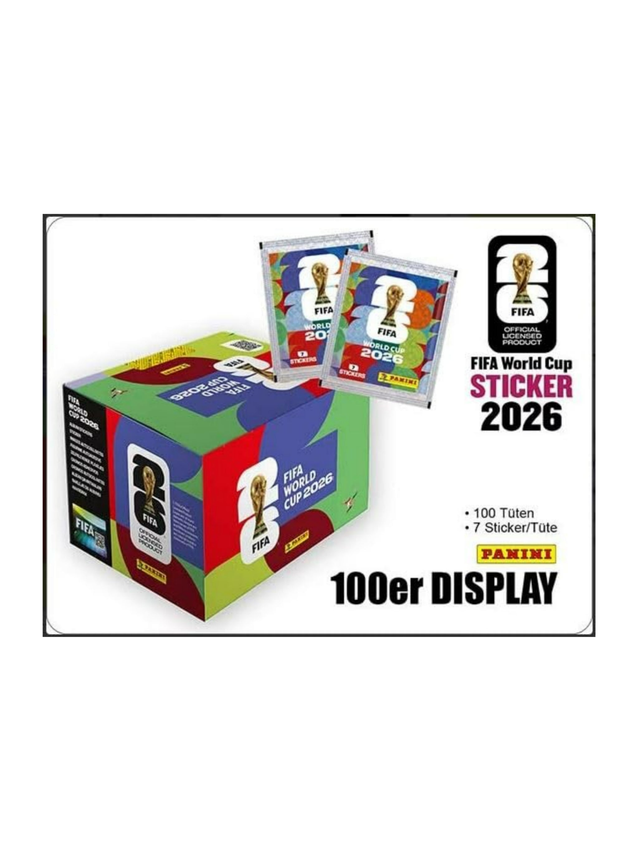 Panini FIFA World Cup 2026 Sticker Display Deutsch mit 100 Stickertüten und insgesamt 700 Fußballstickern.
