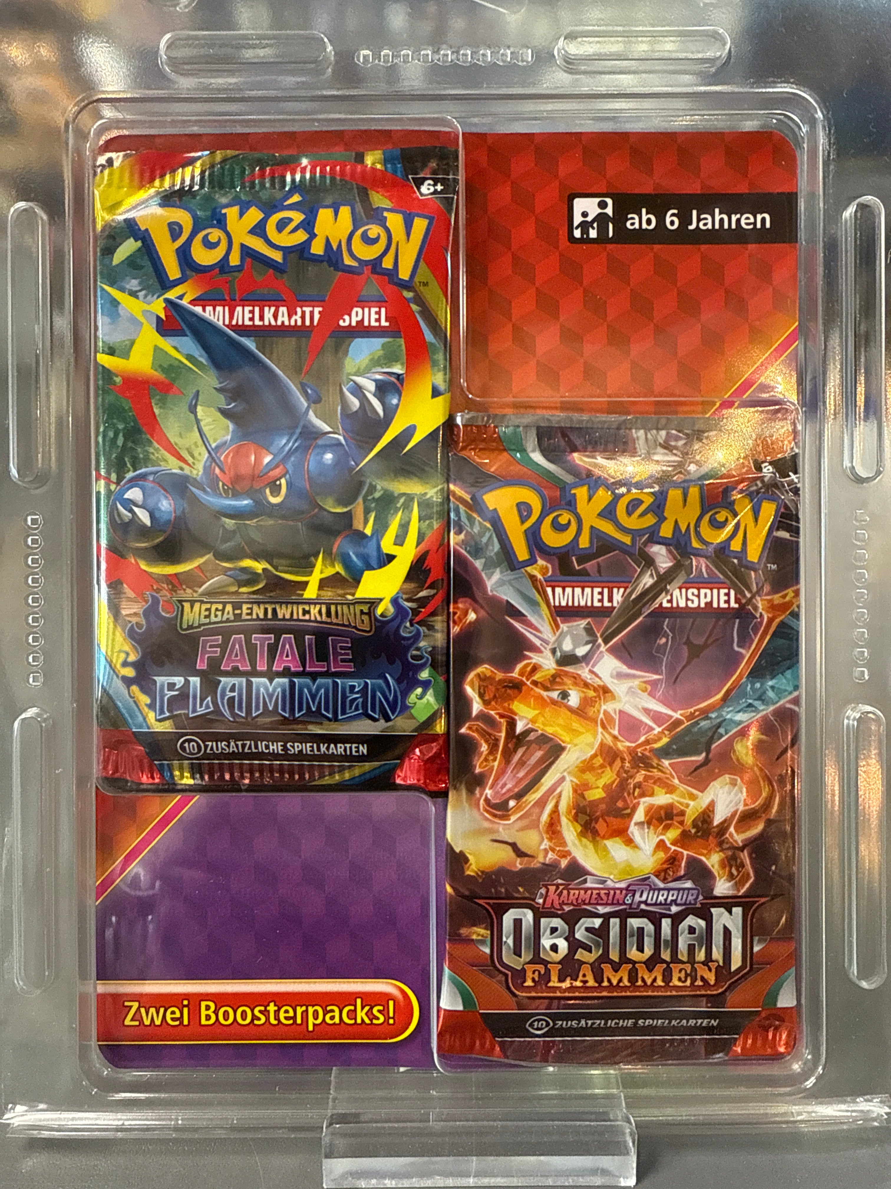Pokémon 2 Boosterpack Set Fatale Flammen und Obsidian Flammen Deutsch original versiegelt mit Pokémon TCG Sammelkarten