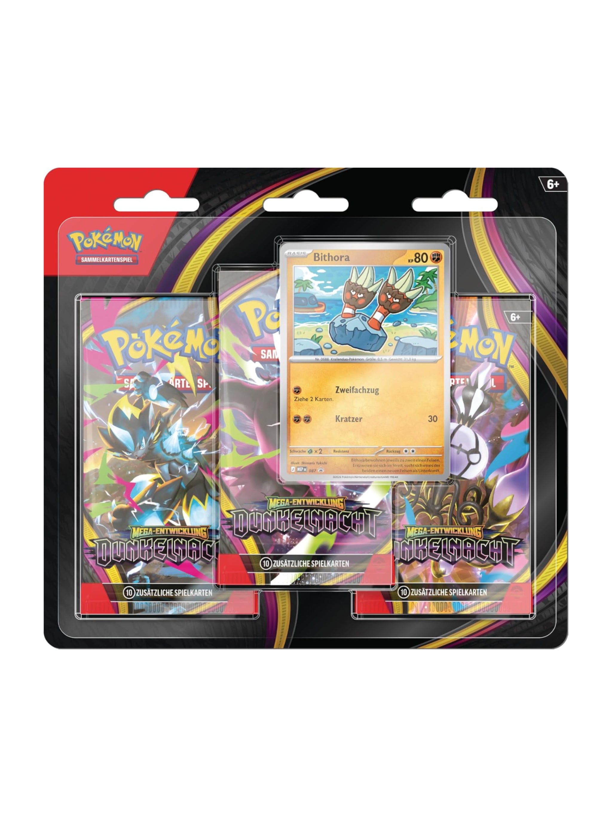 Pokémon-Sammelkartenspiel 3er-Pack Mega-Entwicklung PKM ME05 Dunkelnacht mit 3 Boosterpacks und holografischer Promokarte
