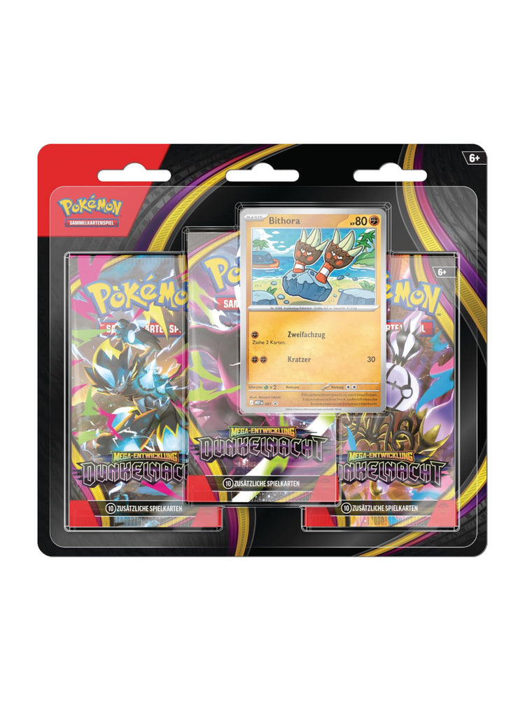 Pokémon-Sammelkartenspiel 3er-Pack Mega-Entwicklung PKM ME05 Dunkelnacht mit 3 Boosterpacks und holografischer Promokarte