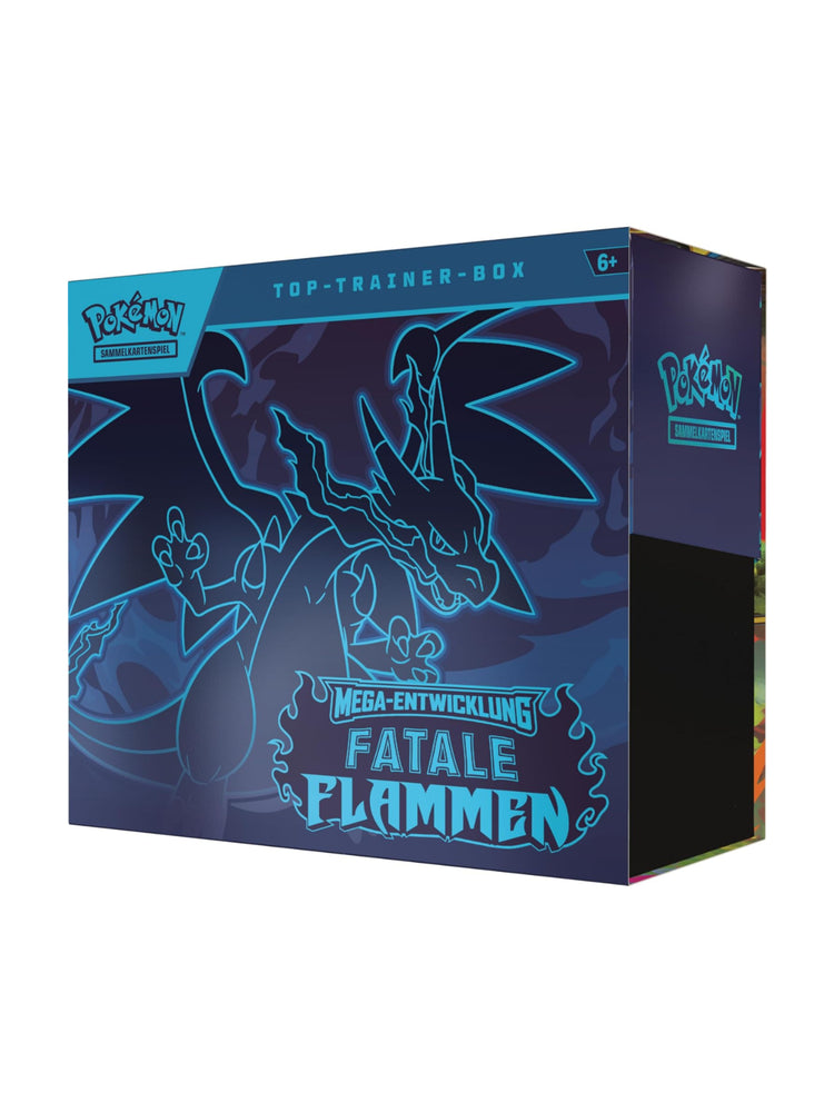 Pokémon Top Trainer Box Fatale Flammen in deutscher Version mit 9 Boosterpacks, Promokarte Knarbon, Kartenhüllen und Zubehör