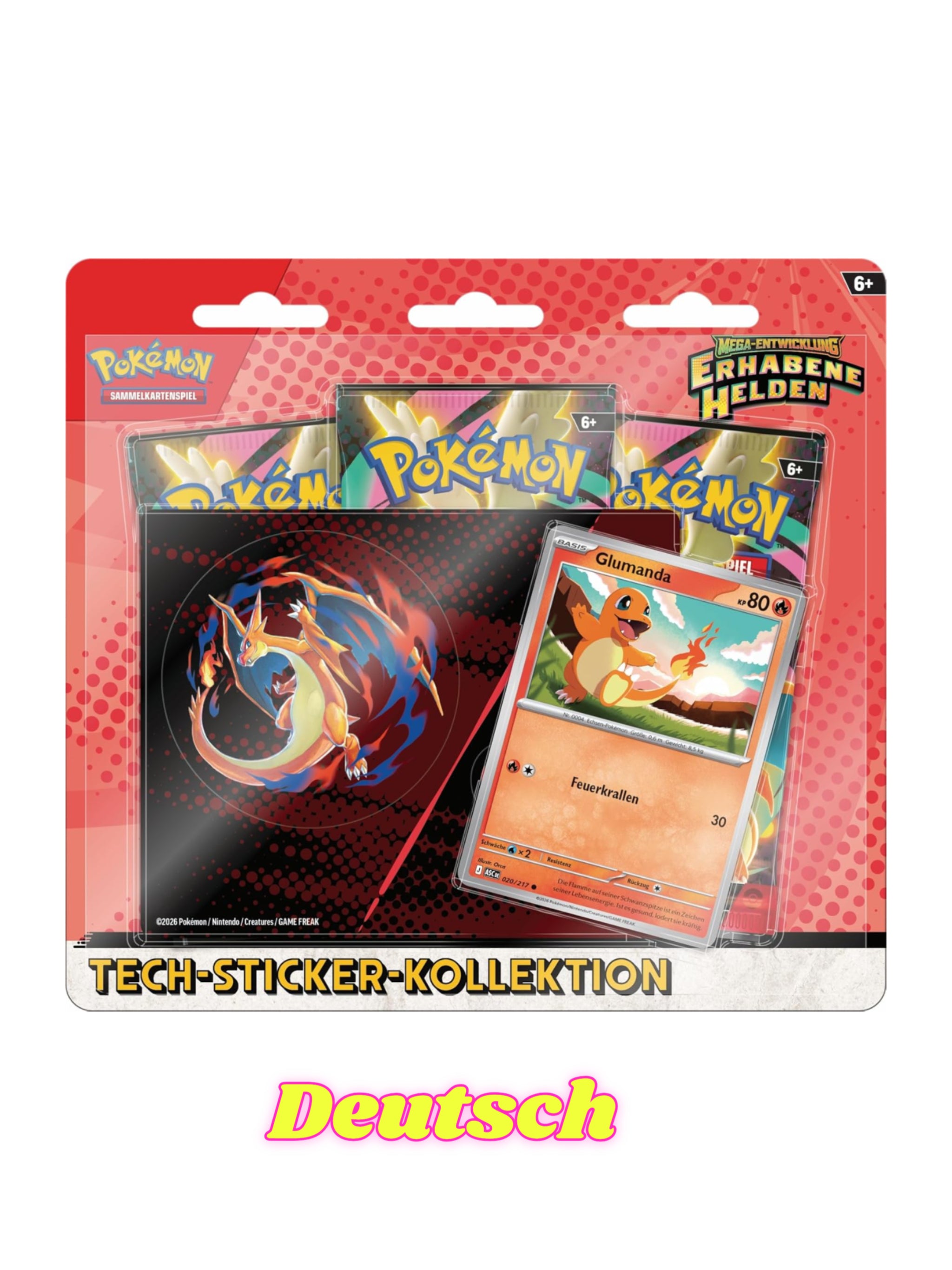 Pokémon Tech-Sticker Kollektion Glumanda holografische Promo 3 Boosterpacks Mega Entwicklung Erhabene Helden