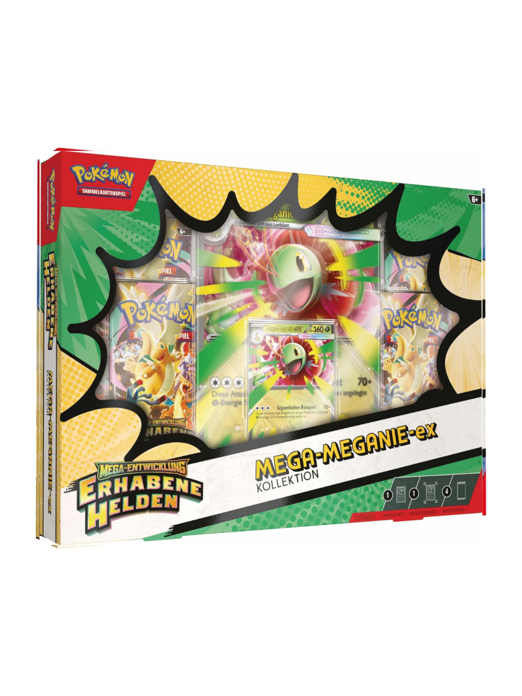 Pokémon Sammelkartenspiel Kollektion Mega-Entwicklung Erhabene Helden Mega-Meganie-ex mit holografischer Promokarte, übergroßer Wackelbildkarte und 4 Boosterpacks