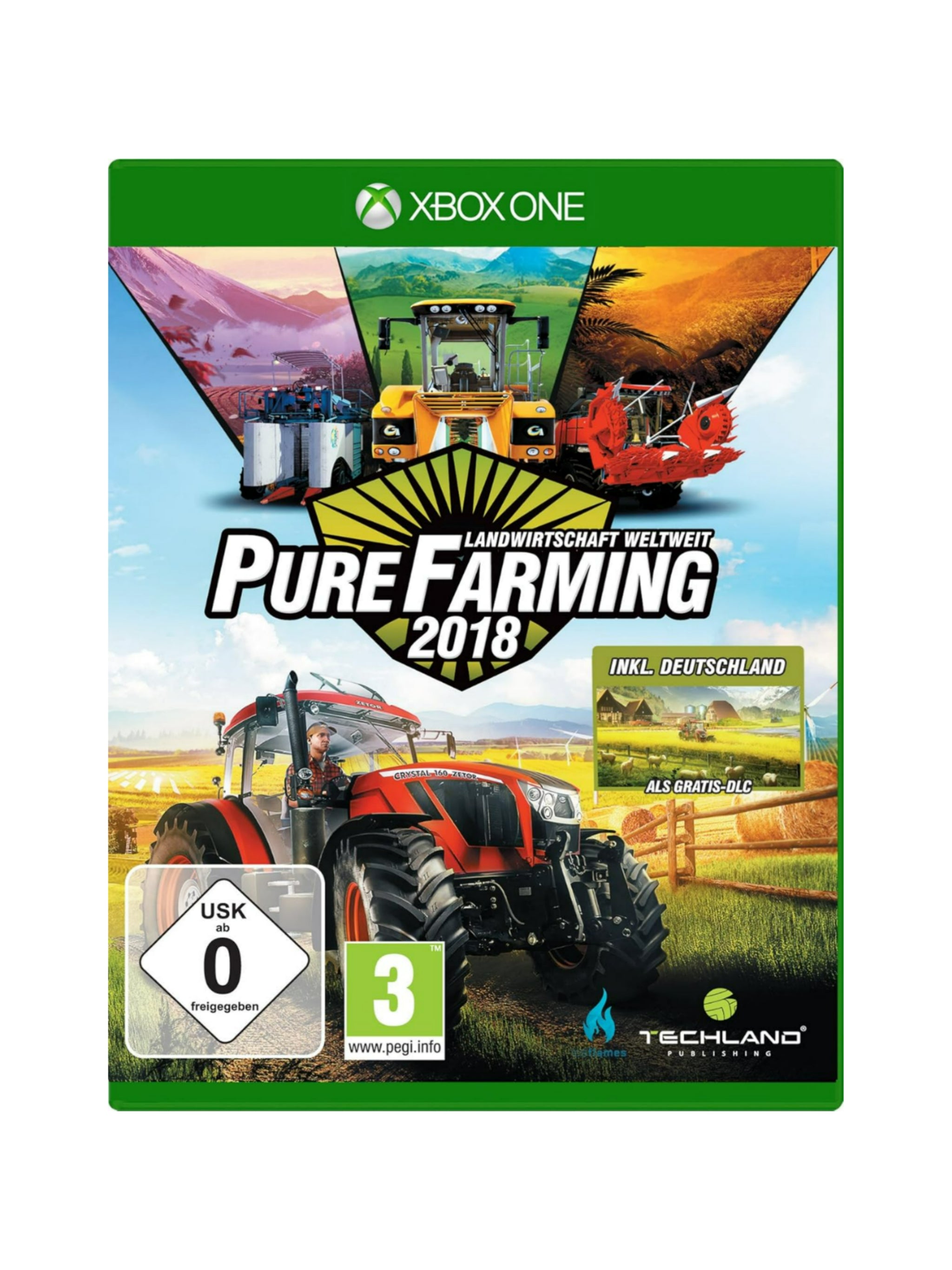 Cover von Pure Farming 2018 für Xbox One mit Traktor auf einem Feld, moderner Landwirtschafts-Szenerie und internationalem Farm-Setting.