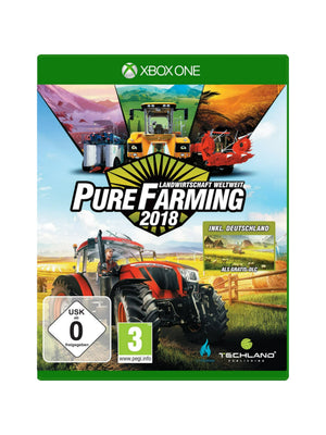 Cover von Pure Farming 2018 für Xbox One mit Traktor auf einem Feld, moderner Landwirtschafts-Szenerie und internationalem Farm-Setting.