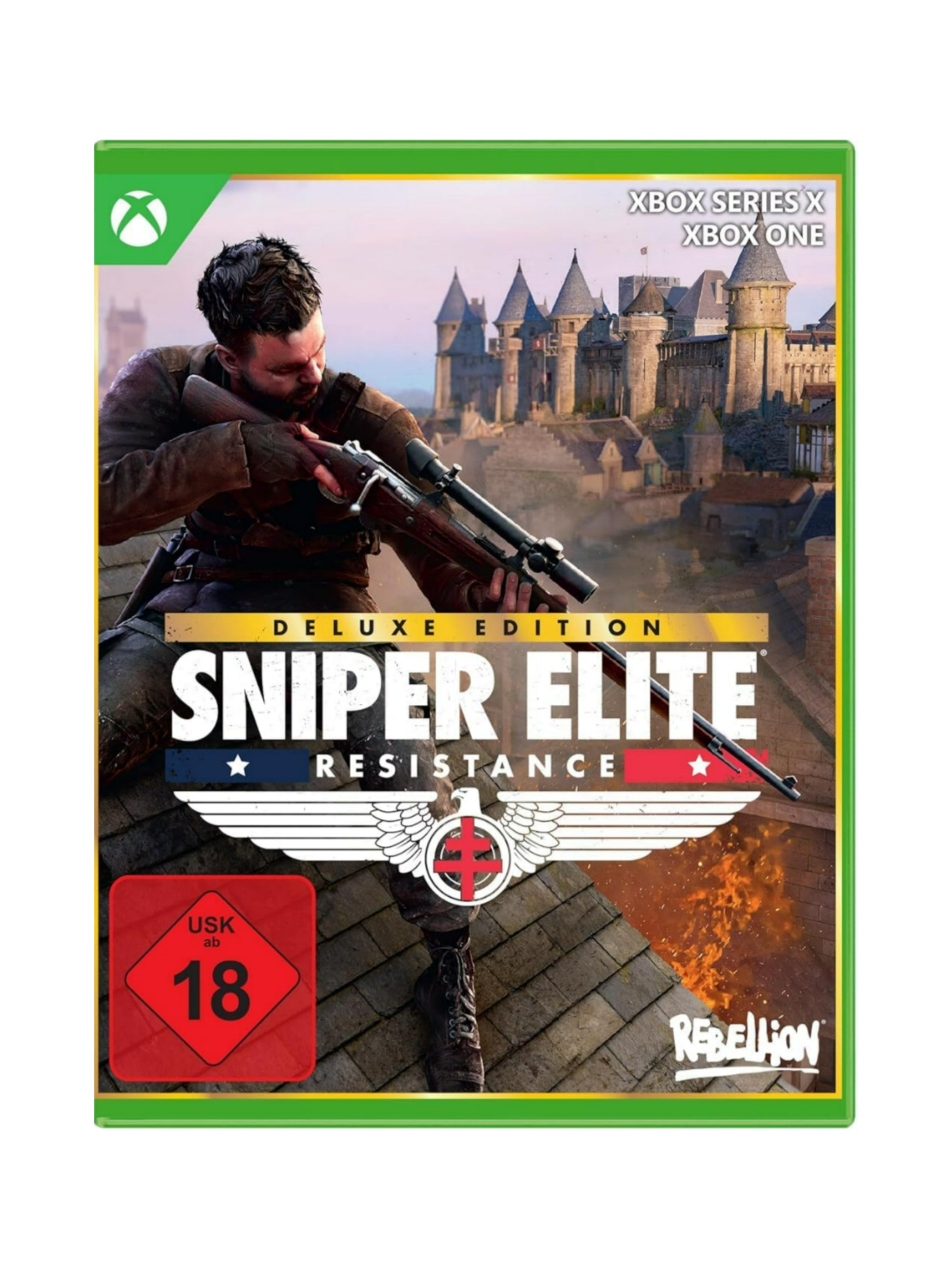 Sniper Elite Resistance Deluxe Edition für Xbox One und Xbox Series X mit Originalverpackung und Spiel-Disk in neuem Zustand.