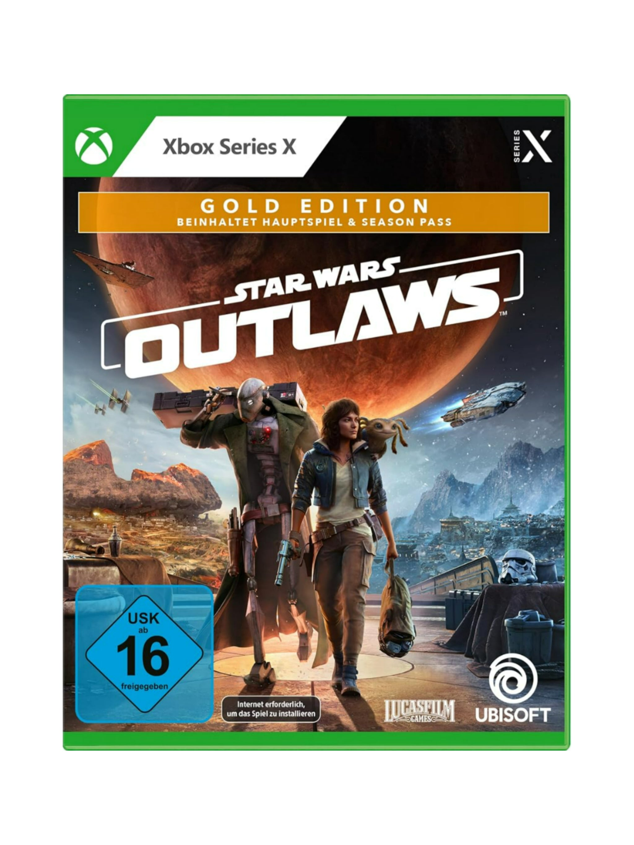 Star Wars Outlaws Gold Edition für Xbox Series X mit Originalverpackung und Spiel-Blu-ray in gebrauchtem Zustand.