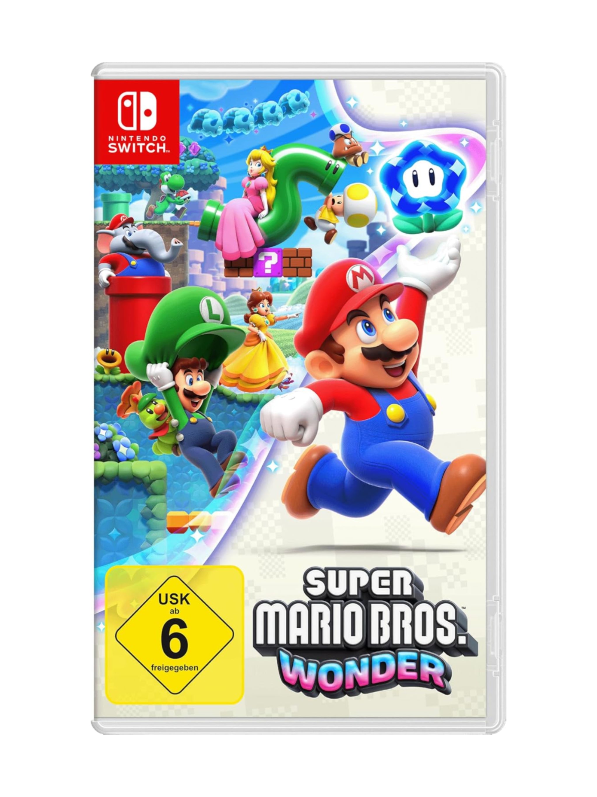 Cover von Super Mario Bros. Wonder für Nintendo Switch mit Mario, Luigi und bunten Wunder-Effekten im stilisierten 2D-Plattform-Design