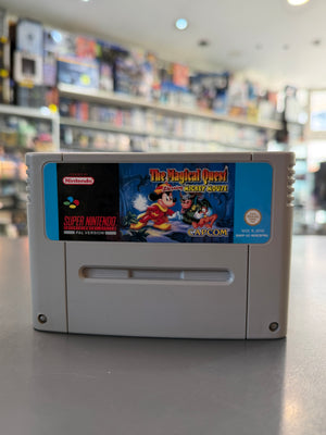 The Magical Quest Starring Mickey Mouse Super Nintendo SNES PAL Modul in gebrauchtem Zustand mit originalem Mickey-Mouse-Label.